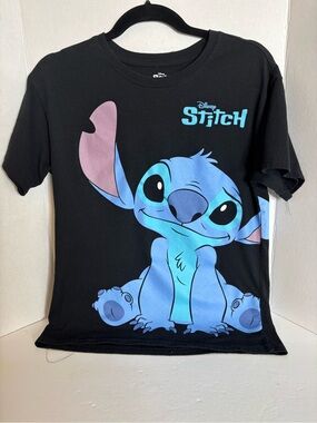 Disney Black Tee with Large Blue Stitch Graphic